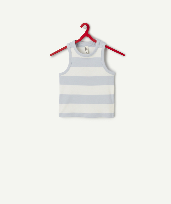 Nueva Colección Categorías TAO - Camiseta corta de tirantes de niña de algodón orgánico acanalado a rayas blancas y azules