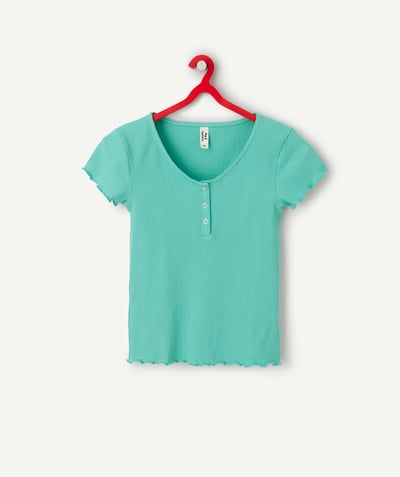 New collection Tao Categories - girl's short-sleeved t-shirt in green ribbed organic cotton