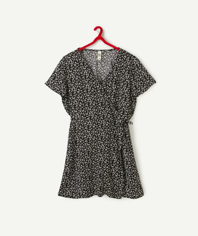 Dress Tao Categories - SHORT-SLEEVED BLACK GIRL'S DRESS IN RESPONSIBLE VISCOSE WITH FLORAL PRINT