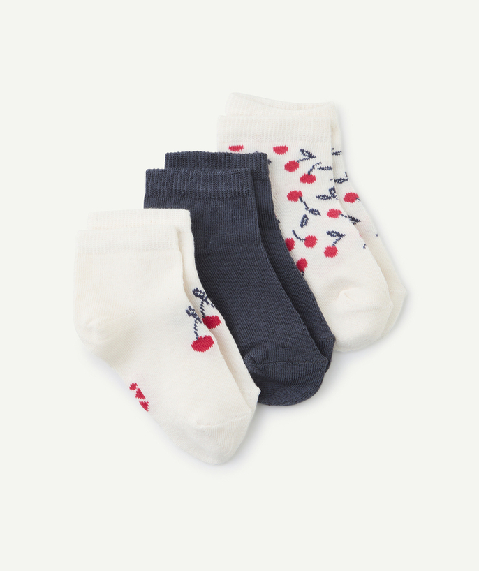 Socks - Tights Tao Categories - set of 3 cherry-themed ecru and blue baby girl socks