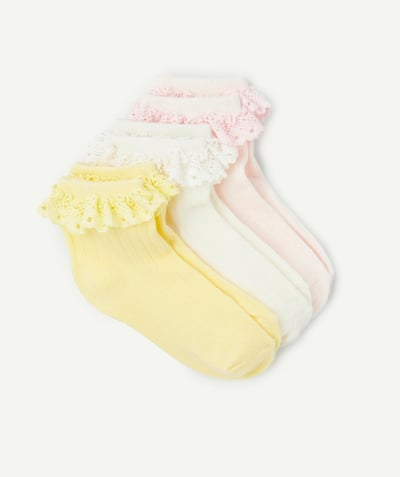 Sous-Vêtements Categories Tao - lot de 3 paires de socquettes fille rose et jaune avec volants brodés