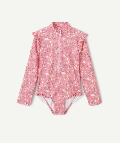 Swimwear Tao Categories - GIRL'S PINK RECYCLED FIBER RAIN SUIT WITH FLOWER PRINT