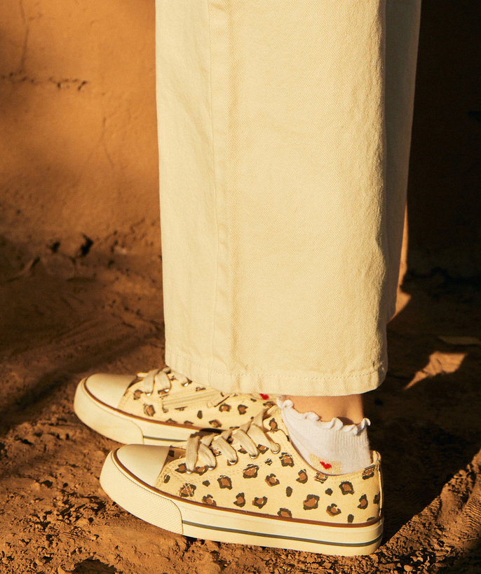 Sneakers Tao Categorieën - ecru meisjesschoenen in canvas met veters met luipaardprint en ritssluiting