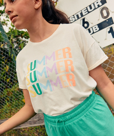 Here comes the sun ! Tao Categories - girl's t-shirt in ecru organic cotton with colorful summer messages
