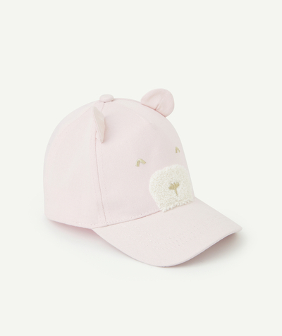 Hats - Caps Tao Categories - PINK TEDDY BEAR-THEMED BABY GIRL CAP WITH CURLY DETAILS