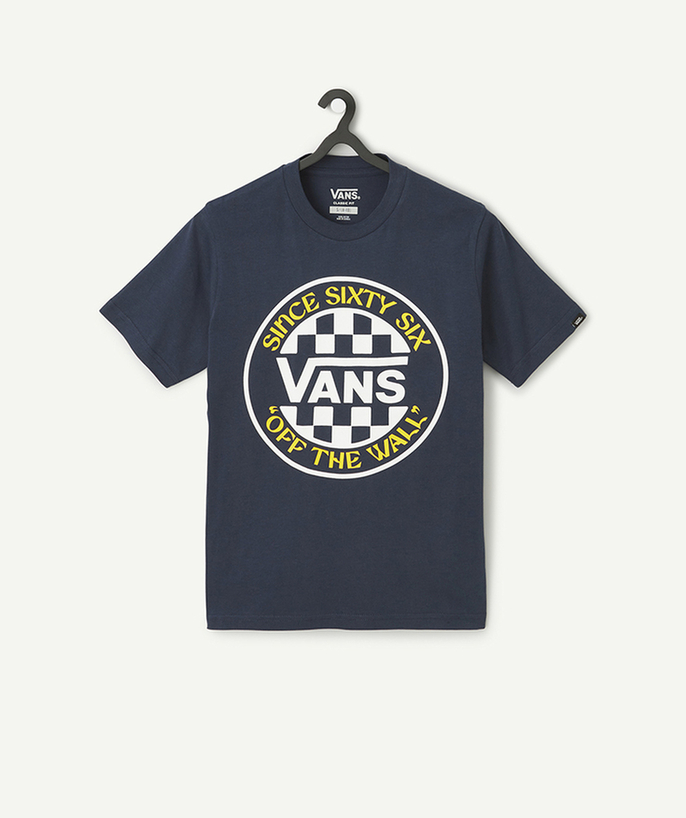 Tee-shirt, shirt, polo Tao Categories - NAVY BLUE COTTON BOY'S T-SHIRT WITH LOGO AND CHECKERBOARD PATTERN