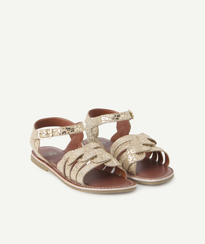 Schoenen, slofjes Tao Categorieën - sandalen voor meisjes in beige leer en gouden luipaardprint