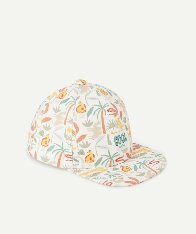 Hats - Caps Tao Categories - ECRU BABY BOY CAP WITH JUNGLE PRINT AND EMBROIDERED PATCH
