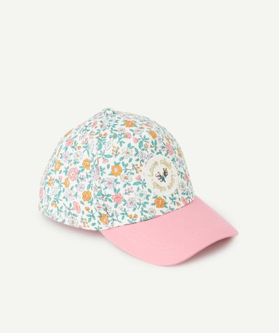Hats - Caps Tao Categories - PINK AND WHITE FLORAL PRINT BABY GIRL CAP WITH EMBROIDERED PATCH