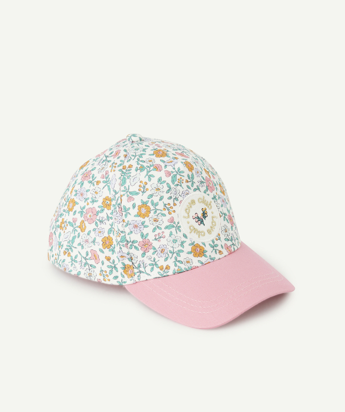 Hats - Caps Tao Categories - PINK AND WHITE FLORAL PRINT BABY GIRL CAP WITH EMBROIDERED PATCH
