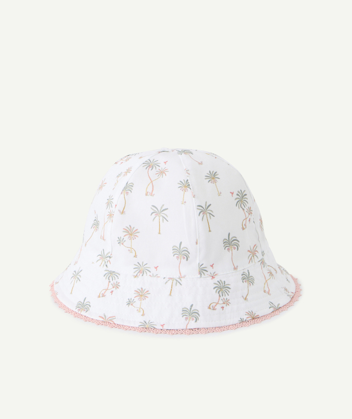 Hats - Caps Tao Categories - BABY GIRL BOB IN WHITE COTTON WITH PALM TREE PRINT AND EMBROIDERED DETAILS