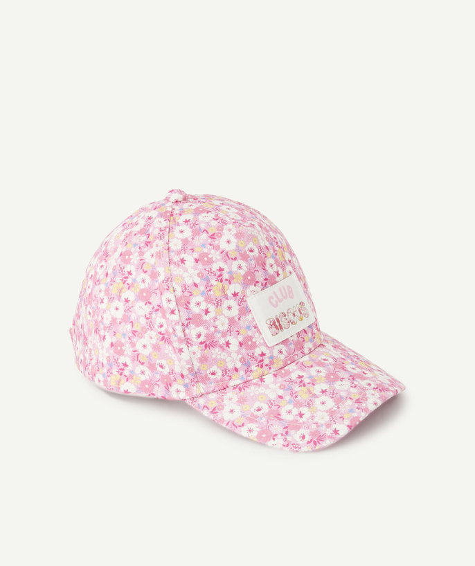 Hats - Caps Tao Categories - BABY GIRL CAP WITH FLOWER PRINT AND EMBROIDERED CLUB PATCH KISSES