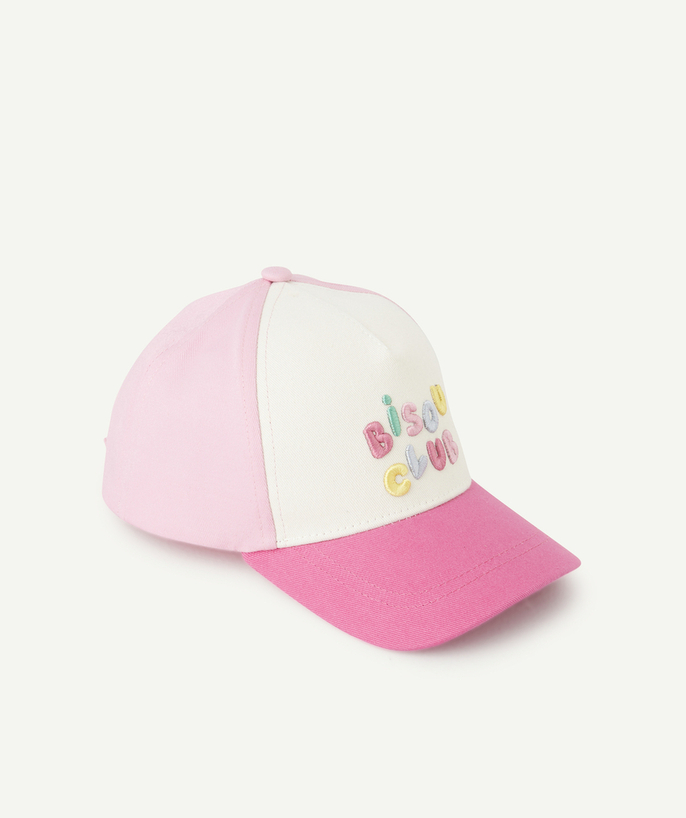 Hats - Caps Tao Categories - BABY GIRL PINK AND WHITE CAP EMBROIDERED MESSAGE KISS CLUB