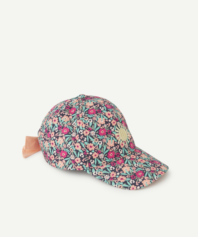 Hats - Caps Tao Categories - GIRL'S CAP WITH FLORAL PRINT AND GOLD SUNBURST EMBROIDERY
