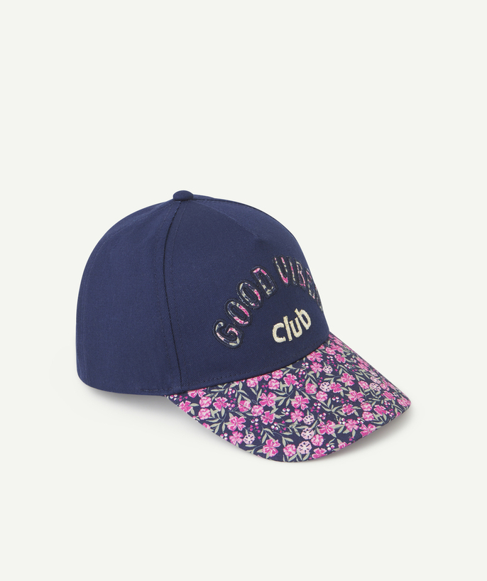 Hats - Caps Tao Categories - NAVY BLUE GIRL'S CAP WITH FLORAL PRINT AND MESSAGE