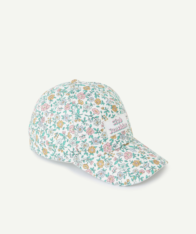 Hats - Caps Tao Categories - GIRL'S CAP WITH FLORAL PRINT AND EMBROIDERED SUNSHINE PATCH