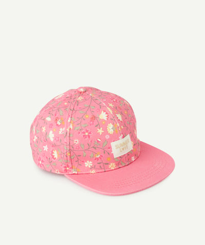 Accessories Tao Categories - PINK GIRL'S CAP WITH FLORAL PRINT AND EMBROIDERED SUMMER LOVE PATCH