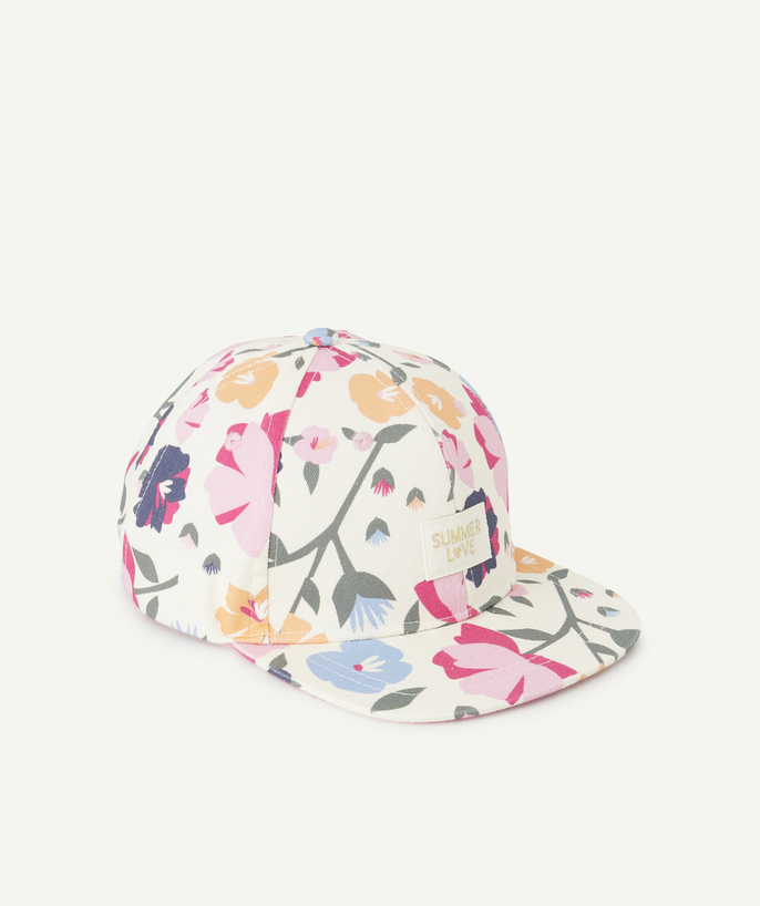 Hats - Caps Tao Categories - ECRU GIRL'S CAP WITH FLORAL PRINT AND EMBROIDERED PATCH