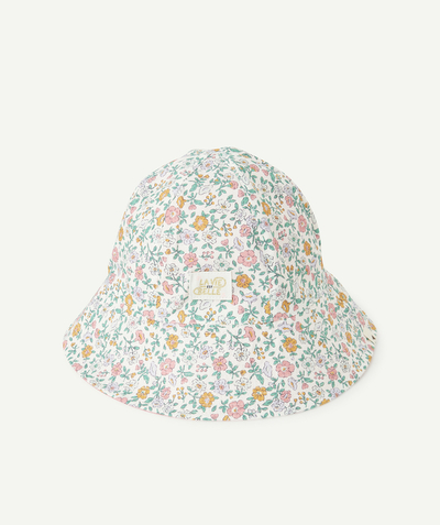 Accessories Tao Categories - GIRL'S BOB IN WHITE COTTON WITH PINK AND GREEN FLORAL PRINT