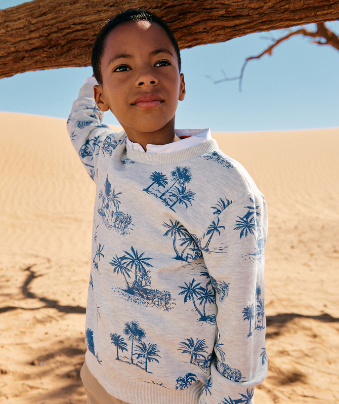 Special Occasion Collection Tao Categories - BOY'S PALM-TREE PRINT SWEATSHIRT IN ECRU MOTTLED ORGANIC COTTON