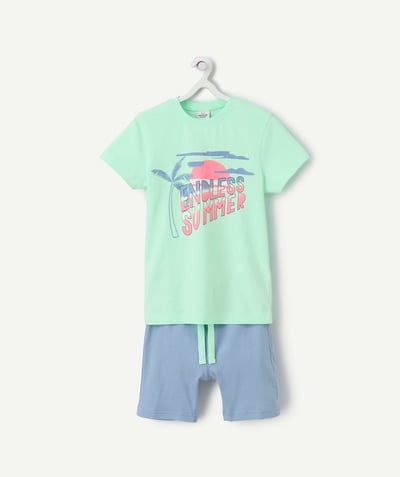 Enfant Categories Tao - pyjama garçon en fibres recyclés vert fluo et bleu motif été