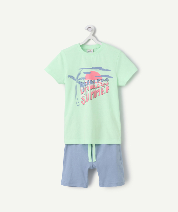 Nueva Colección Categorías TAO - pijama de niño de fibras recicladas, verde y azul neón, estampado veraniego