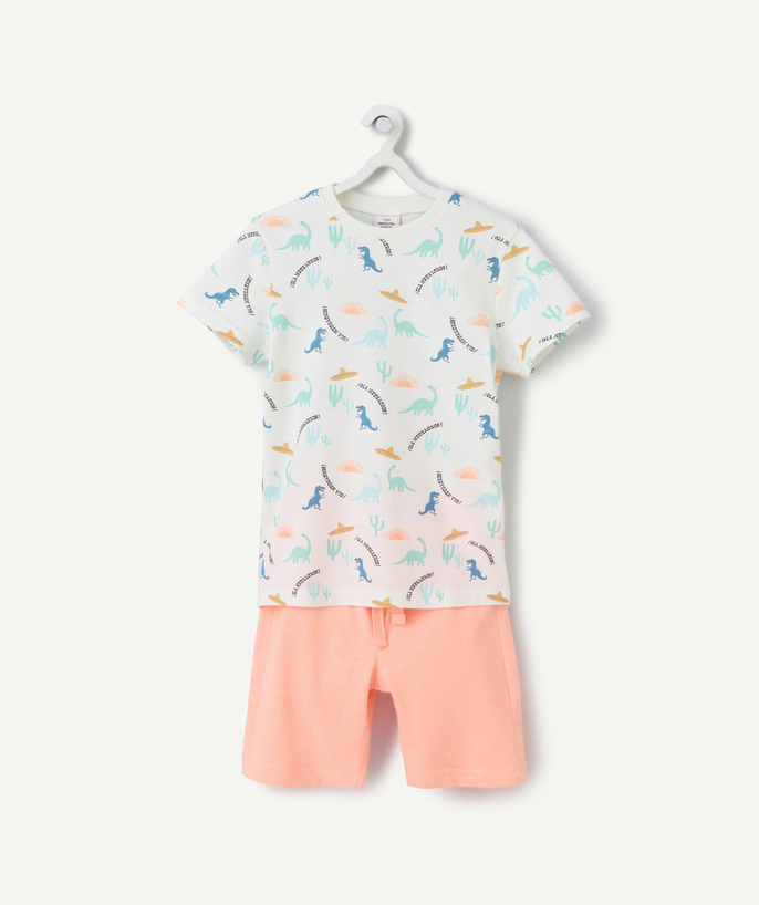 Piżamy Kategorie TAO - Piżama chłopięca z fluorescencyjnego pomarańczowego i białego włókna z recyklingu z nadrukiem dinozaura