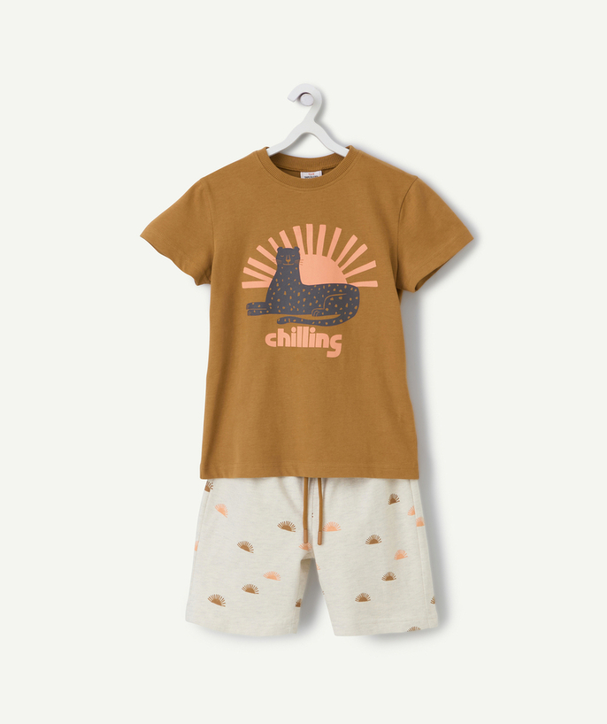 Nightwear Tao Categories - pyjamas for boys in light grey and camel organic cotton with leopard print