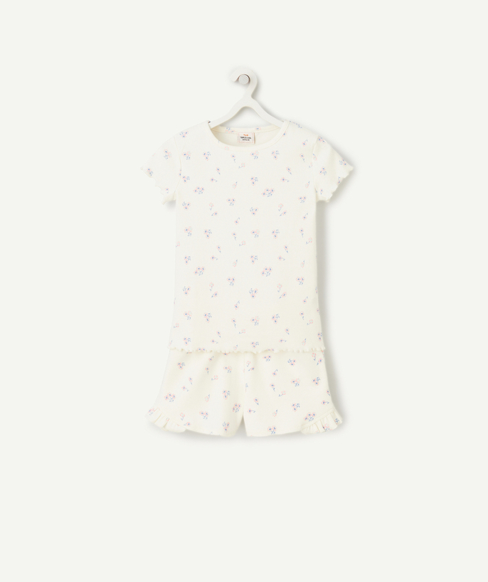 Pyjama Tao Categorieën - Pyjama met korte mouwen voor meisjes in wit biokatoen met bloemenprint