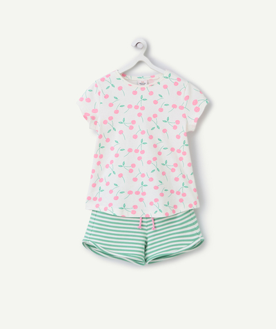 New collection Tao Categories - Pink and green organic cotton striped and cherry print pyjamas for girls