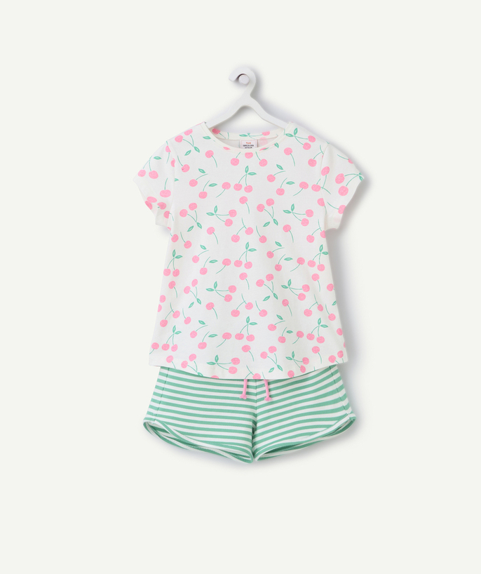 Pyjama Tao Categorieën - Roze en groen gestreepte pyjama met kersenprint van biologisch katoen voor meisjes