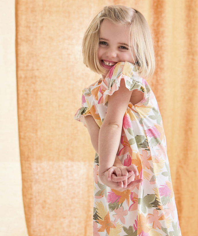 Pyjama Tao Categorieën - Nachthemdje voor meisjes in wit biokatoen met bloemenprint