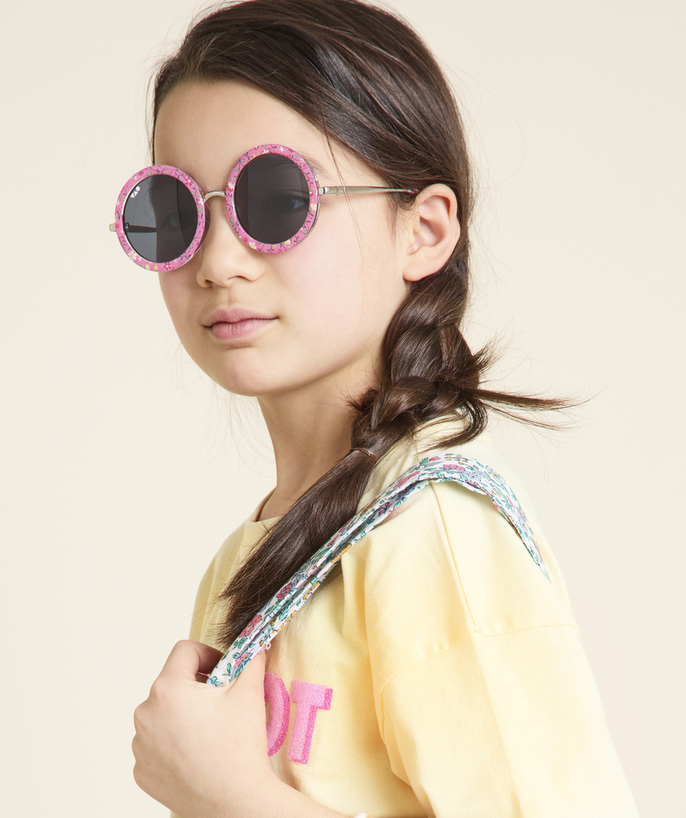 Okulary przeciwsłoneczne Kategorie TAO - Okrągłe różowe okulary przeciwsłoneczne dla dziewczynki z kwiatowym nadrukiem