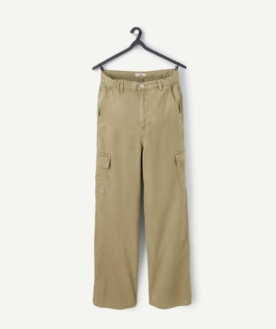 NOWOŚCI Kategorie TAO - Khaki wiskozowe spodnie z szerokimi nogawkami dla dziewczynek z kieszeniami cargo