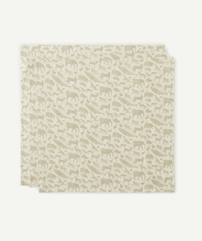 The bath Tao Categories - LOT OF 3 LANGES 70x70 CM IN COTTON GAZE PRINTED ANIMALS OLIVE GREEN