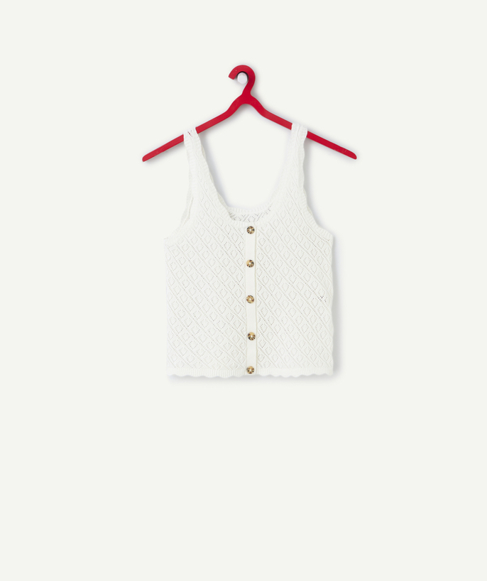 Camiseta - Camisa Categorías TAO - camiseta de tirantes para niña en algodón orgánico y crochet crudo