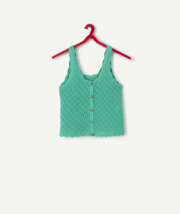 NOVEDADES Categorías TAO - camiseta de tirantes de niña en algodón orgánico y ganchillo verde