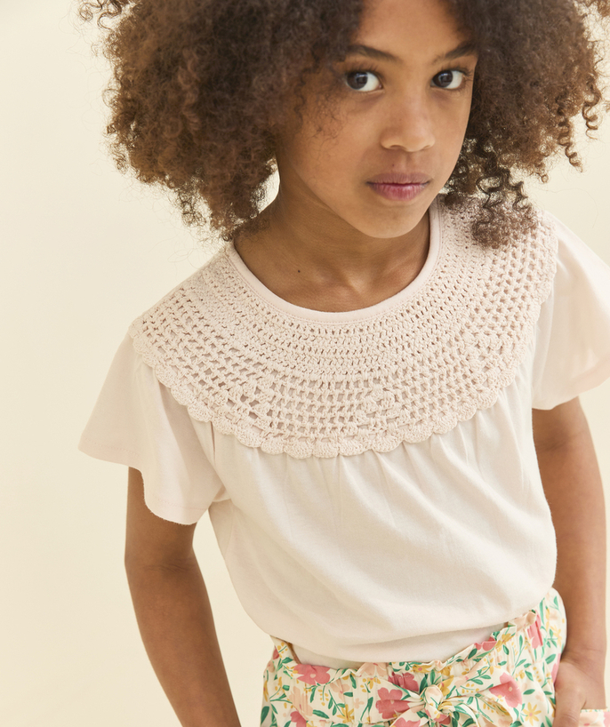 Dziewczynka Kategorie TAO - Różowa koszulka z krótkim rękawem z bawełny organicznej dla dziewczynki z haczykiem