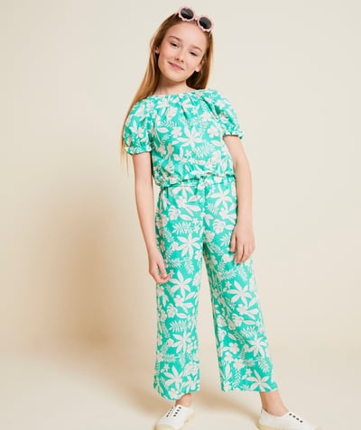 NOWOŚCI Kategorie TAO - Dziewczęce spodnie z szerokimi nogawkami w zielony hawajski nadruk