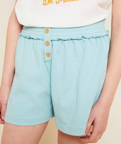 Pantalones cortos - Falda Categorías TAO - Pantalón corto de punto azul verdoso de niña con cintura elástica