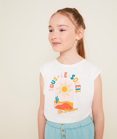 Dziewczynka Kategorie TAO - Koszulka bez rękawów z białej bawełny organicznej z motywem słońca