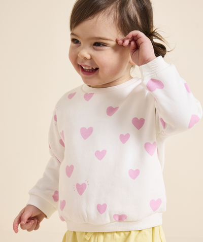 Baby girl Tao Categories - long-sleeved baby girl sweatshirt in white recycled fiber with hearts print