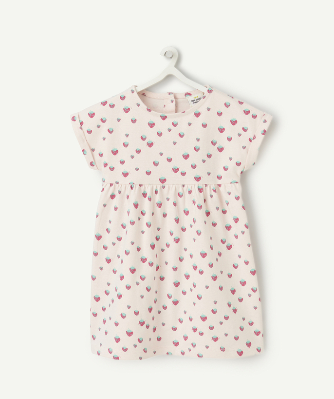 Sukienka Kategorie TAO - Dzianinowa sukienka dla dziewczynki z różowej bawełny organicznej z nadrukiem truskawek