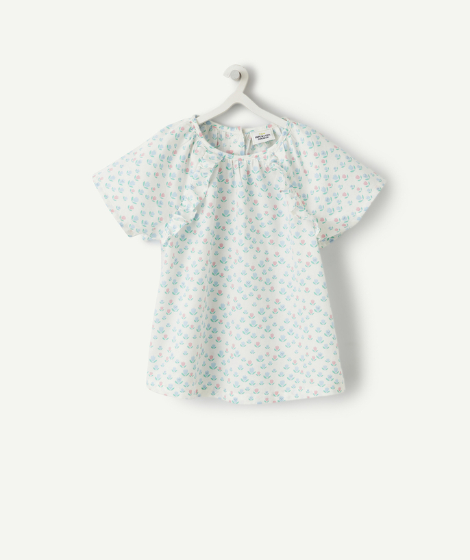 Koszule - Bluzki Kategorie TAO - Różowo-niebieska bawełniana bluzka z krótkim rękawem dla dziewczynki w kwiaty