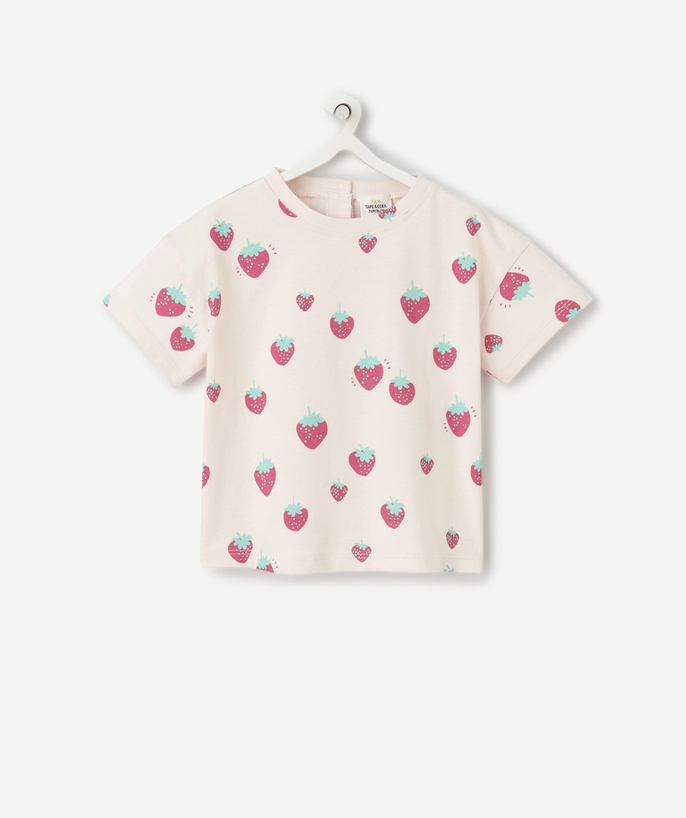 Basics Tao Categorieën - T-shirt met korte mouwen voor babymeisjes in roze biologisch katoen met aardbeienprint