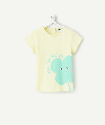 Nouvelle collection Categories Tao - t-shirt bébé fille en coton bio jaune avec motif fleur et message verts