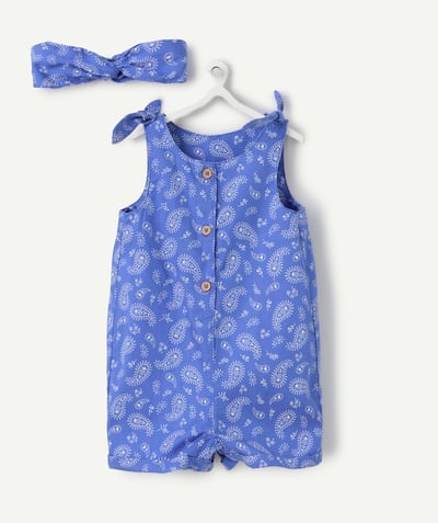 Jumpsuits - Dungarees Tao Categories - baby girl overalls and turban in blue cashmere print viscose