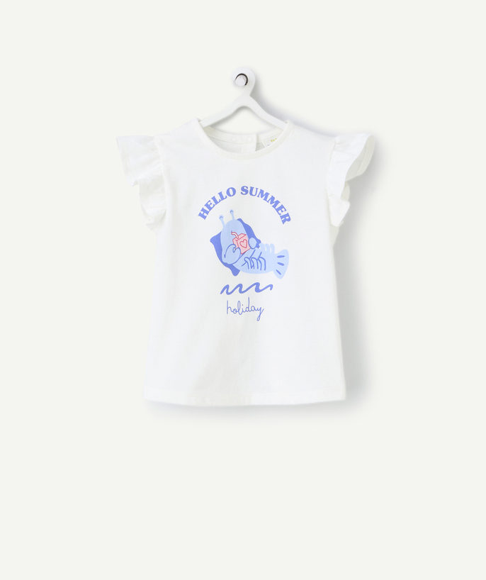 Clothing Tao Categories - short-sleeved baby girl t-shirt in white organic cotton with shrimp motif