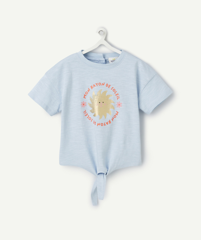 Nueva Colección Categorías TAO - camiseta azul bebé niña con mensaje dorado y purpurina