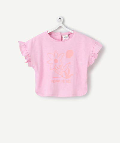 Hier komt de zon ! Tao Categorieën - T-shirt met korte mouwen voor babymeisjes in roze biokatoen met koraalkleurig bloemmotief